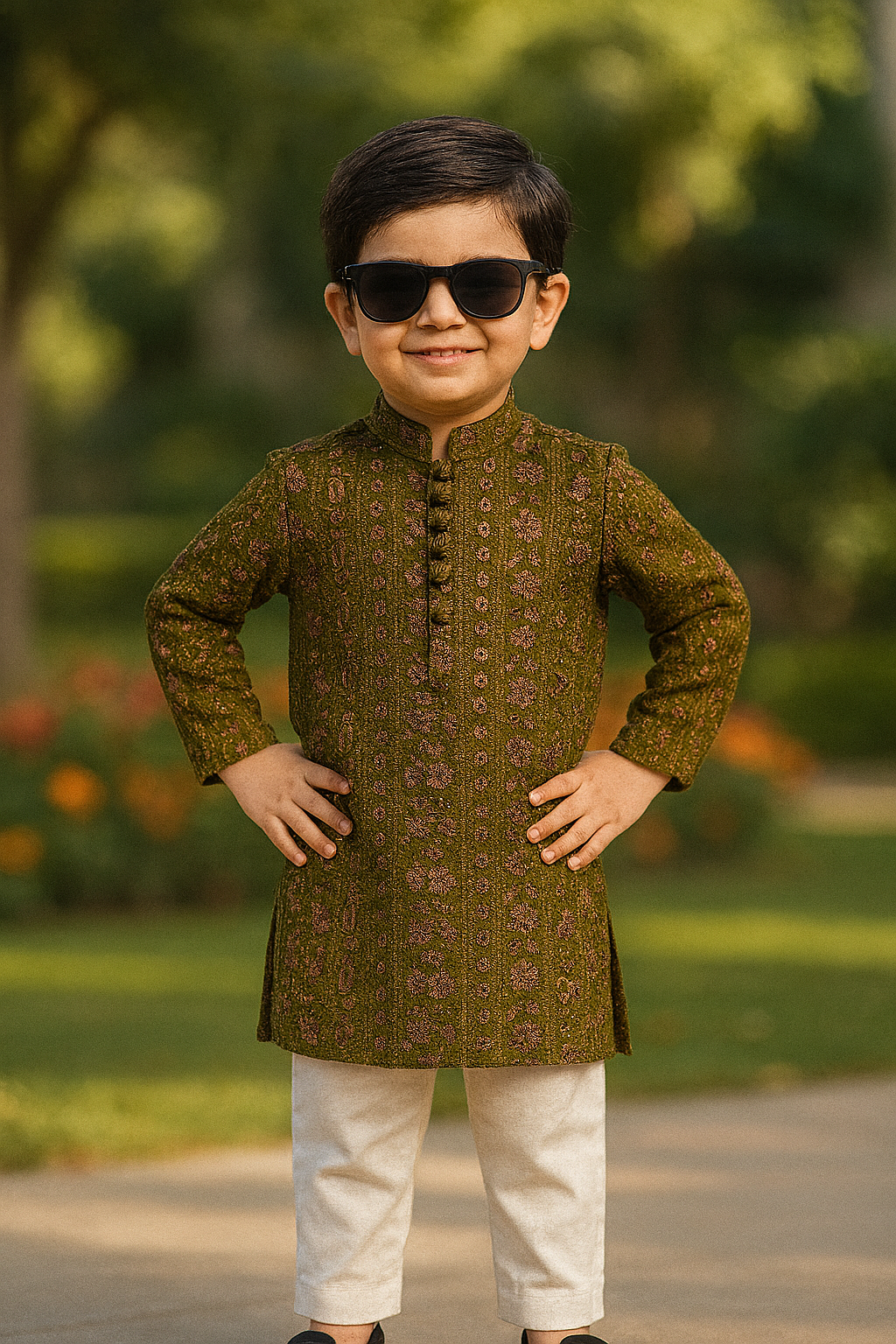 Olive Embroidered Sequins Kurta Pajama