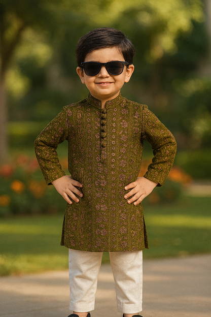 Olive Embroidered Sequins Kurta Pajama