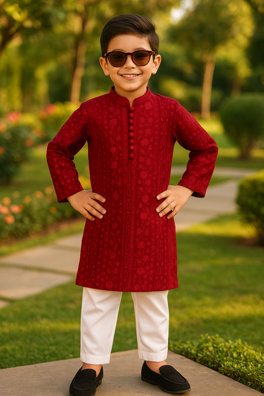 Blood Red Embroidered Premium Kurta Pajama