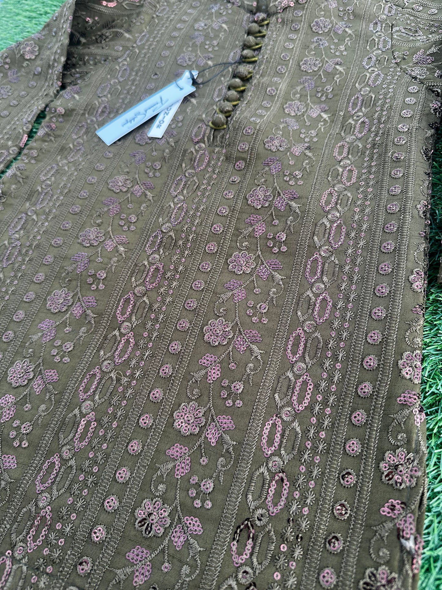 Olive Embroidered Sequins Kurta Pajama