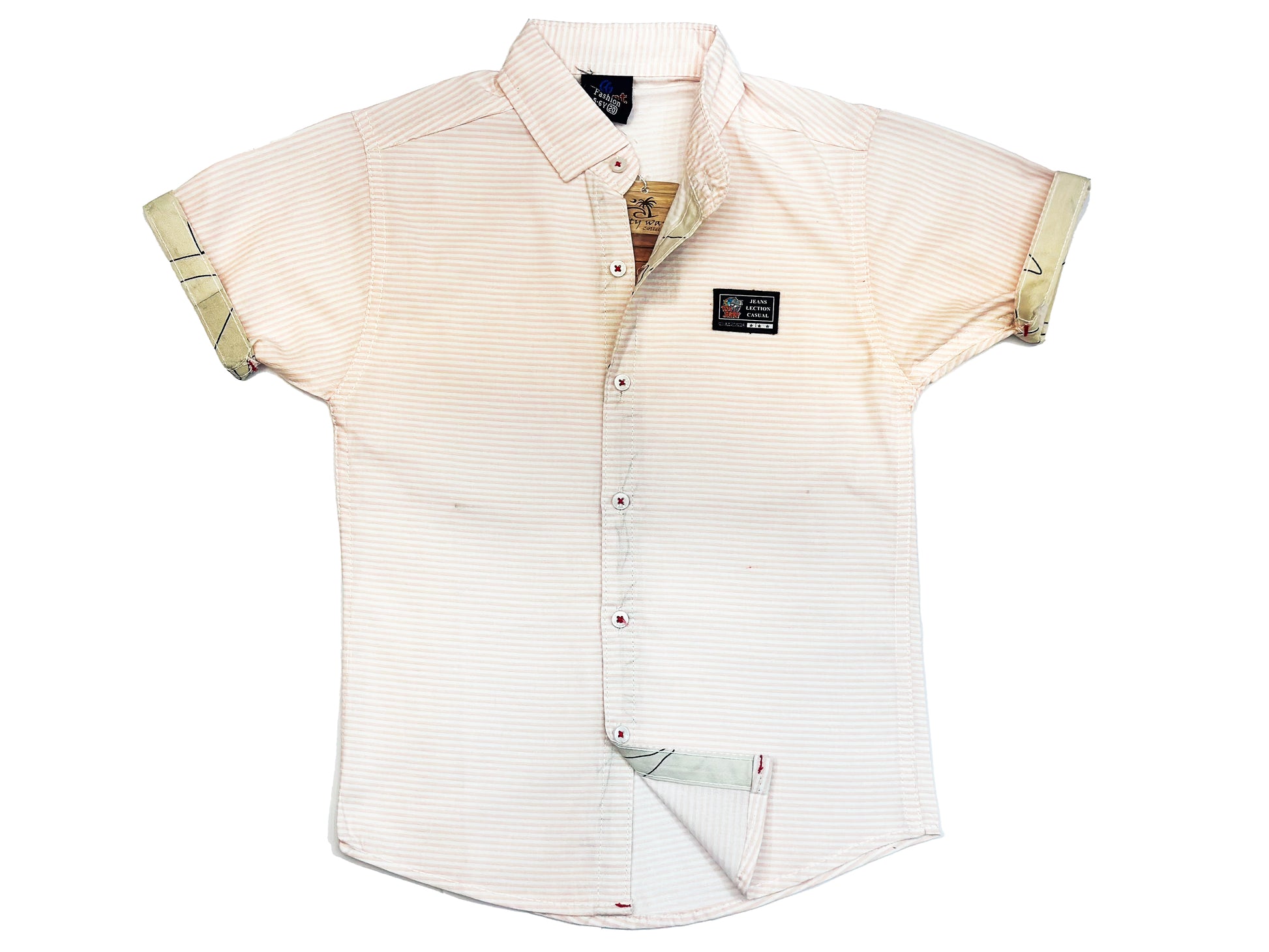 Beige short-sleeve shirt with subtle pattern on a white background