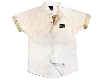 Beige short-sleeve shirt with subtle pattern on a white background