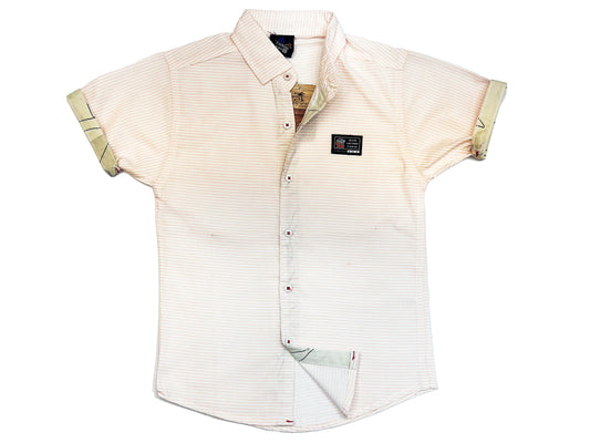 Beige short-sleeve shirt with subtle pattern on a white background